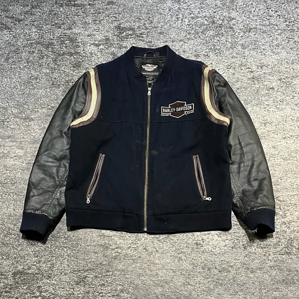 VTG Harley Davidson Leather Varsity Bomber Jacket XL Navy Blue Embroidered Logo